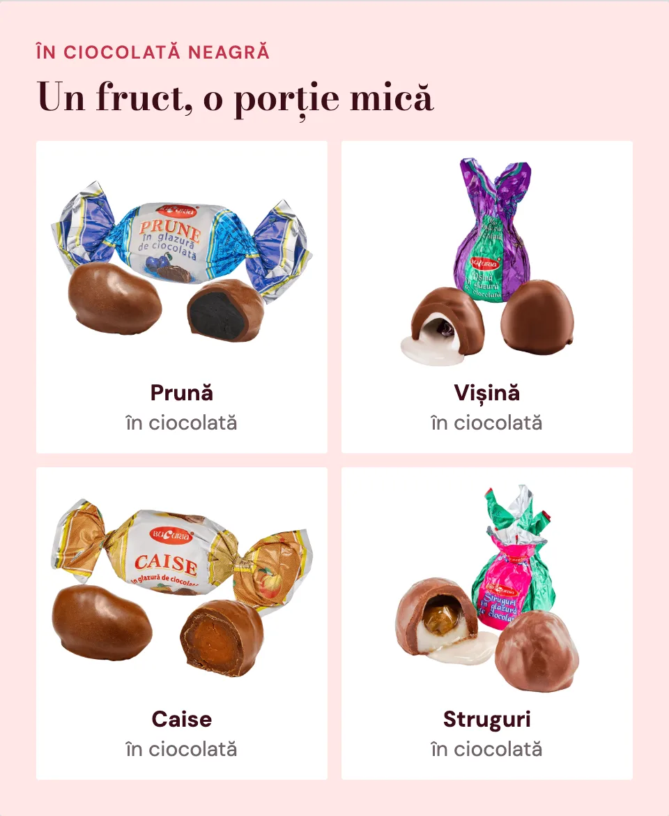 Prună, vișină, caise și struguri în ciocolată neagră, de la Bucuria